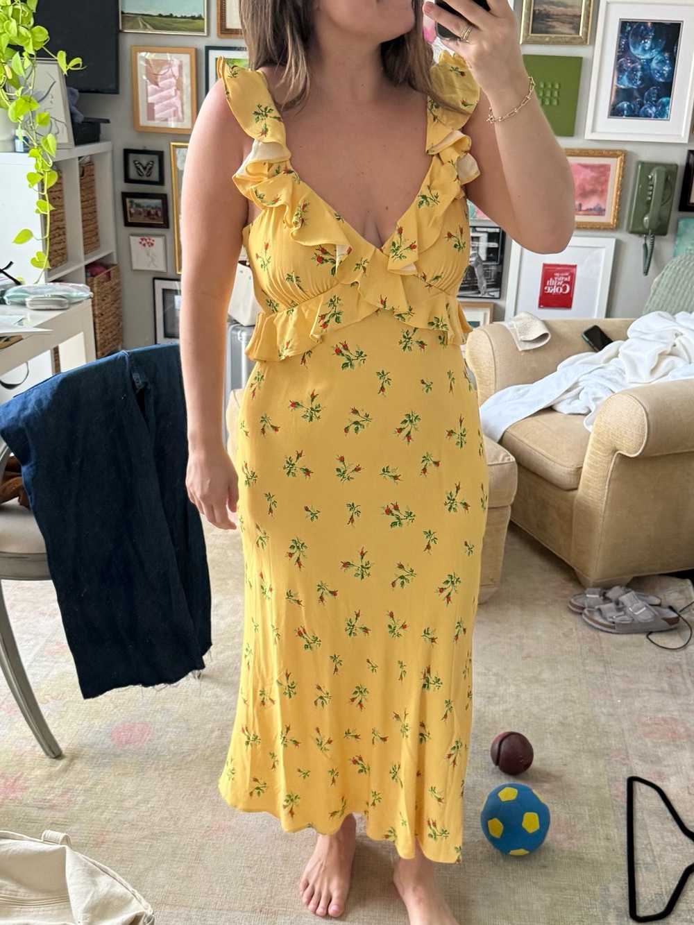 Kitri Sunlit Ruffle V-Neck Midi Dress in Pale Yellow